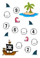éducation Jeu pour Achevée le séquence de nombre avec mignonne dessin animé navire autour le île image imprimable pirate feuille de travail vecteur