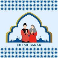 eid mubarak illustration avec mosquée silhouette avec musulman personnage et ornement arrière-plan, eid mubarak salutation affiche, invitation modèle, social médias, etc. eid mubarak plat vecteur illustration