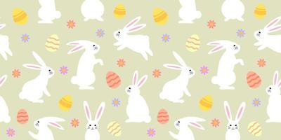 Pâques vacances sans couture modèle avec lapins, décoré des œufs et fleurs, emballage papier, imprimer, textile modèle. vecteur