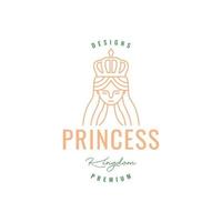 mascotte dessin animé visage Princesse beauté couronne Royaume ligne branché féminin logo conception vecteur