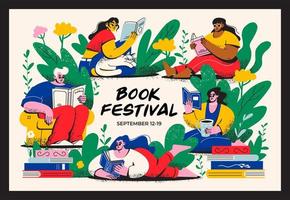 affiche de le livre festival. une groupe de Hommes et femmes sont en train de lire livres. bibliothèque, librairie vecteur