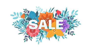 printemps ou été vente bannière avec fleurs. saison vente vecteur étiqueter. feuillage caractères. printemps affiche pour T-shirt, mode, impressions, bannière ou emballage conception.