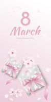 8 Mars salutation bannière avec rose réaliste rubans sur cadeaux. présente avec mignonne arc, aux femmes journée site Internet entête vecteur illustration. modèle pour publicité, la toile, social médias pastel rose.