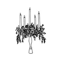 longue brûlant bougies sur une chandelier décoré avec fleurs - main tiré griffonnage. chandelier avec floral décoration vecteur esquisser