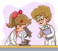 dessin animé élèves Faire recherche avec chimique fluide dans le laboratoire. chimie Salle de classe. vecteur