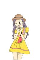 une fille prudente avec une robe chemisier jaune vecteur
