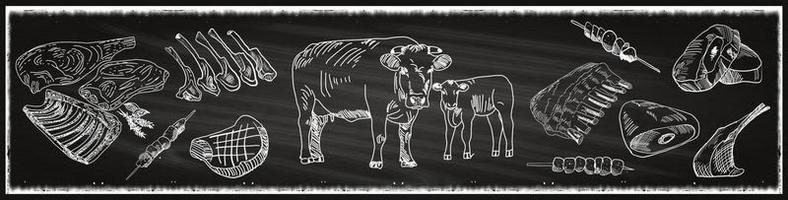 bannière de tableau noir de boucherie avec des vaches et de la viande vecteur