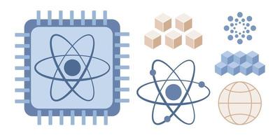 quantum l'informatique ensemble icône. artificiel intelligence, semi-conducteur ébrécher, ordinateur science, supercalculateur, futur technologie. vecteur plat illustration