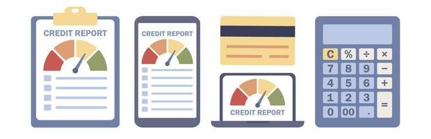 crédit rapport icône ensemble. crédit But information. compteur de vitesse, calculatrice, crédit carte signe. personnel la finance concept. vecteur plat illustration