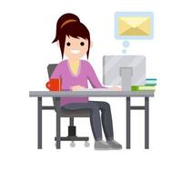 jeune femme assise à table avec ordinateur et reçoit une lettre. illustration plate de dessin animé. travailler au bureau. enveloppe postale sous bulle. e-mail dans messenger, discuter avec des amis sur internet vecteur