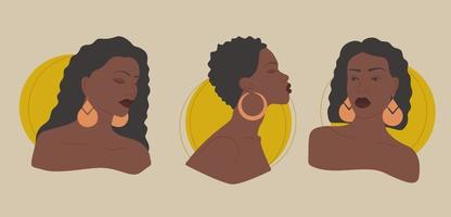 ensemble de Jeune noir femmes avatar, Soleil et africain Dame illustration. fille Puissance concept. coloré main tiré vecteur illustration