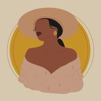 portrait de Jeune africain femme dans chapeau illustration affiche. vecteur illustration dans plat style. fille et Soleil sur Contexte carré carte. vecteur illustration