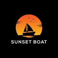 le coucher du soleil bateau silhouette logo conception avec foncé arrière-plans, voilier vecteur signe symbole