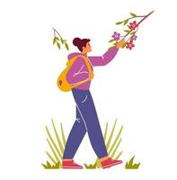 harmonie avec la nature concept vecteur illustration. Jeune femme avec sac à dos en marchant en plein air, émouvant branche avec fleurs.
