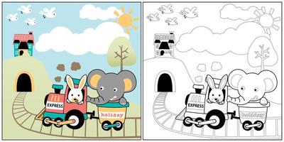 vecteur dessin animé de mignonne lapin avec l'éléphant sur vapeur former, coloration livre ou page