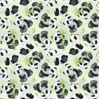 mignonne pandas et bambou sur une aquarelle vert Contexte. aquarelle sans couture modèle. enfants tropical dessin de une mignonne Panda. pour textile, emballage papier, salutation cartes vecteur