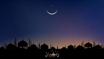 Ramadan calligraphie avec dôme mosquées, croissant lune sur crépuscule ciel arrière-plan, vecteur islamique, musulman religion mois de généreuse ramadan, nouveau lune, prière temps.eid moubarak, aïd Al adha, aïd Al fitr