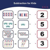 compte activité pour les enfants. correspondant à le image avec le répondre. mathématique soustraction feuille de travail pour enfants. vecteur déposer.