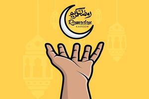 Ramadan kareem salutation avec croissant lune dans main vecteur illustration. islamique vacances icône concept. Ramadan lanterne lampe et lune icône conception. Ramadan kareem vecteur salutation carte et affiche conception.