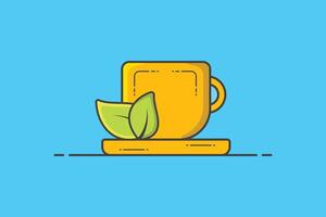tasse de vert thé avec vert feuilles vecteur illustration. nourriture et boisson objet icône concept. thé tasse vert feuilles, thé feuille logo conception, thé symbole. tasse avec feuilles vecteur conception avec ombre.