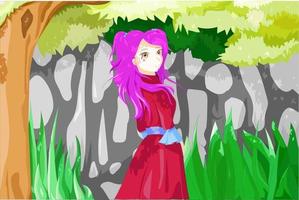 anime girl aux cheveux violets, aux yeux bruns et en utilisant une tenue rouge sous l'arbre vecteur