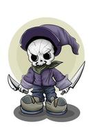 un petit crâne portant un chapeau violet et des chaussures portant deux épées vecteur