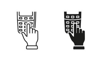 entrez le code pin sur la ligne du terminal de paiement et le jeu d'icônes de silhouette. pictogramme de combinaison de mot de passe de numérotation pos. numéro sécurisé pour le symbole de transaction monétaire sur fond blanc. illustration vectorielle isolée. vecteur