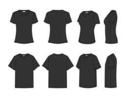 noir contour femelle et Masculin col en v T-shirt maquette vecteur