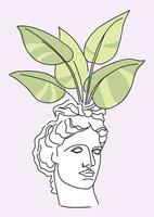 fleur pot dans le forme de un antique tête de une statue avec une plante d'appartement. vecteur illustration.