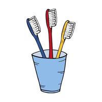 brosses à dents, rinçage verre. contour vecteur illustration. griffonnage style. hygiène élément.