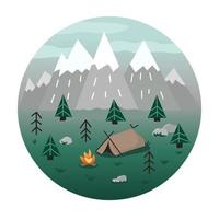 camping, forêt, montagnes dans dessin animé plat style. rond icône illustration. vecteur illustration