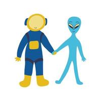 astronaute et extraterrestre. relation amicale de civilisations. vecteur main tiré
