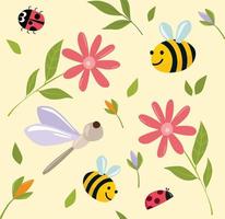 bébé insectes fleurs sans couture modèle, mignonne papier, dessin animé insectes et fleurs, vecteur