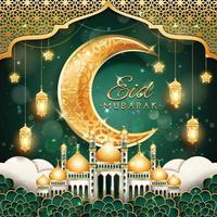 eid mubarak avec croissant de lune et mosquée vecteur