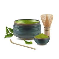 réaliste détaillé 3d chasser, chashaku, chawan et bol de vert matcha poudre ensemble. vecteur