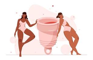 menstruel tasse et deux femmes avec hygiène accessoires. période Puissance concept. vecteur