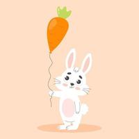 mignonne blanc Pâques lapin avec carotte ballon. dessin animé vecteur illustration.