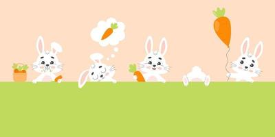 ensemble mignonne blanc marrant lapins avec carottes. lapin personnage. dessin animé vecteur illustration.