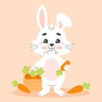 mignonne blanc Pâques lapin grignoter carotte. dessin animé vecteur illustration.