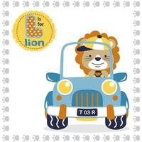 mignonne Lion conduite voiture dans sentier Cadre frontière, dessin animé vecteur illustration