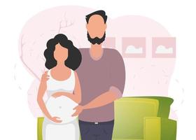 une homme câlins une Enceinte femme. affiche sur le thème Jeune famille est attendre pour le naissance de une enfant. positif et conscient grossesse. mignonne illustration dans plat style. vecteur