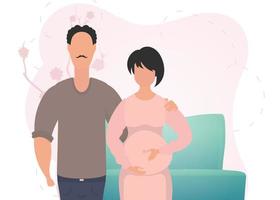 homme et Enceinte femme. bannière sur le thème Jeune famille est attendre pour le naissance de une enfant. positif et conscient grossesse. mignonne illustration dans plat style. vecteur