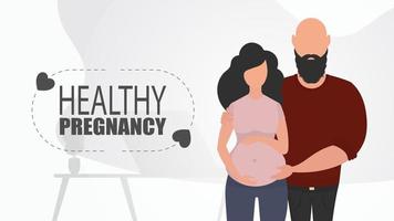 en bonne santé grossesse. une homme câlins une Enceinte femme. couple jet bébé. positif et conscient grossesse. une analyse illustration dans plat style. vecteur