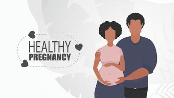 en bonne santé grossesse. une homme câlins une Enceinte femme. couple jet bébé. positif et conscient grossesse. mignonne illustration dans plat style. vecteur