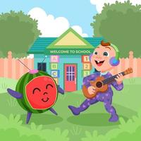 mignonne bébé en jouant guitare dans de face de école avec melon mascotte vecteur