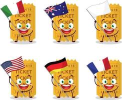 billet dessin animé personnage apporter le drapeaux de divers des pays vecteur