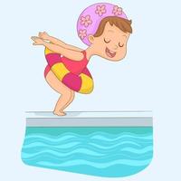 petite fille sautant à la piscine avec un flotteur gonflable vecteur