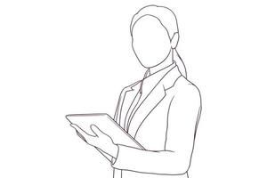 femme d'affaires en utilisant numérique tablette dans le lieu de travail main tiré vecteur illustration