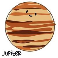 isolé grand coloré planète Jupiter avec une visage et signature. dessin animé vecteur illustration de une mignonne souriant planète dans le solaire système. utilisation pour une logo pour enfants des produits