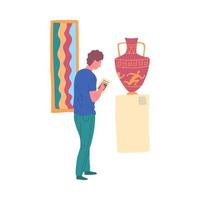 dessin animé Couleur personnage homme Galerie visiteur et grec vase sur une piédestal. vecteur